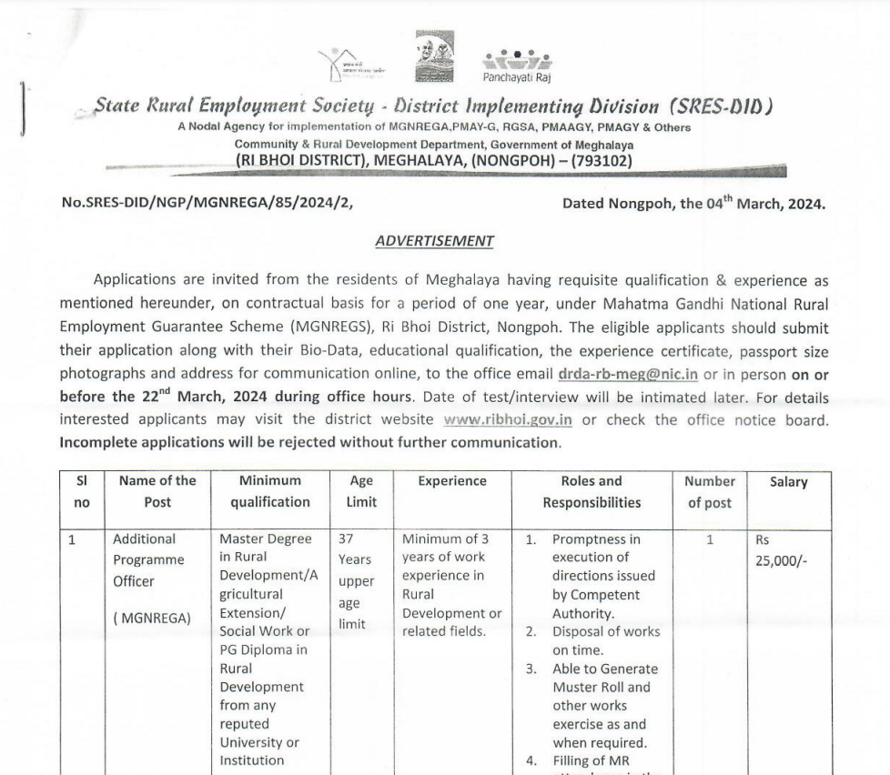 Additional Programme Officer SRES Ri Bhoi Recruitment GIS Traverse