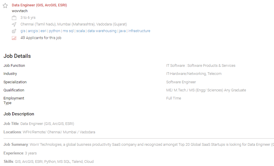 Data Engineer GIS, ArcGIS, ESRI | Chennai ,Mumbai ,Vadodara | Wovvtech ...